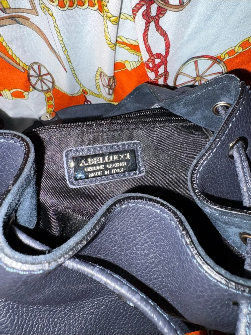 A.BELLUCCI Navy Blue Leather Drawstring Backpack - Classic Women's Bag